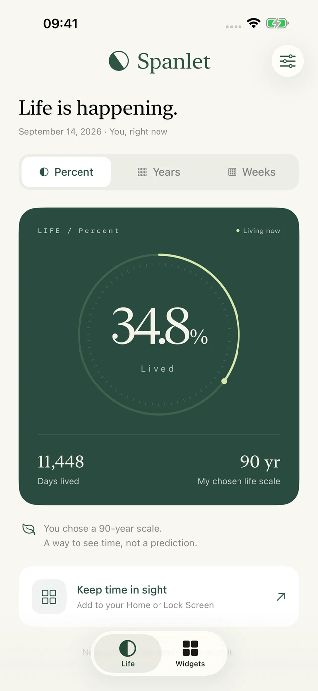 Spanlet on iPhone, showing 34.8% of a chosen 90-year scale.
