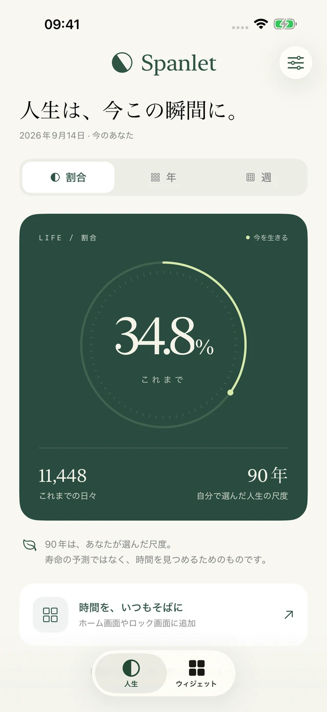 人生の進捗の iPhone 画面。自分で選んだ90年の尺度の34.8%を表示。