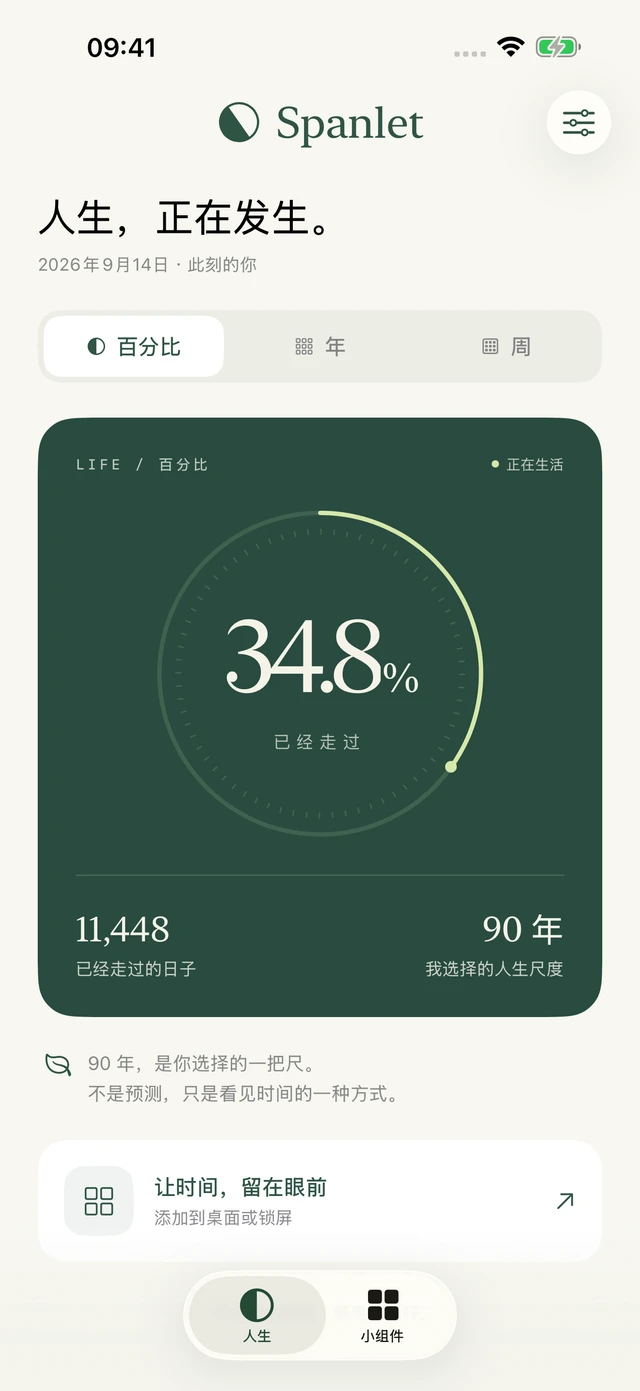 人生进度 iPhone 界面:已走过自选 90 年尺度的 34.8%。