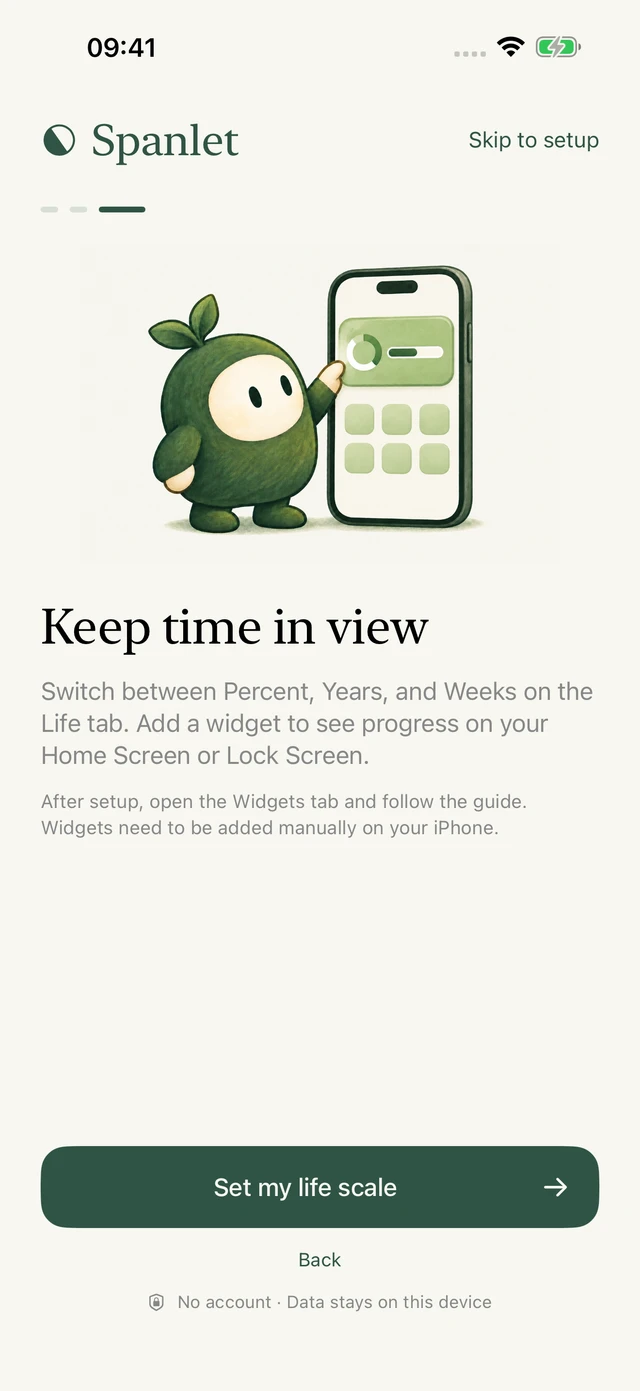In-app previews of life progress Home Screen and Lock Screen widgets.