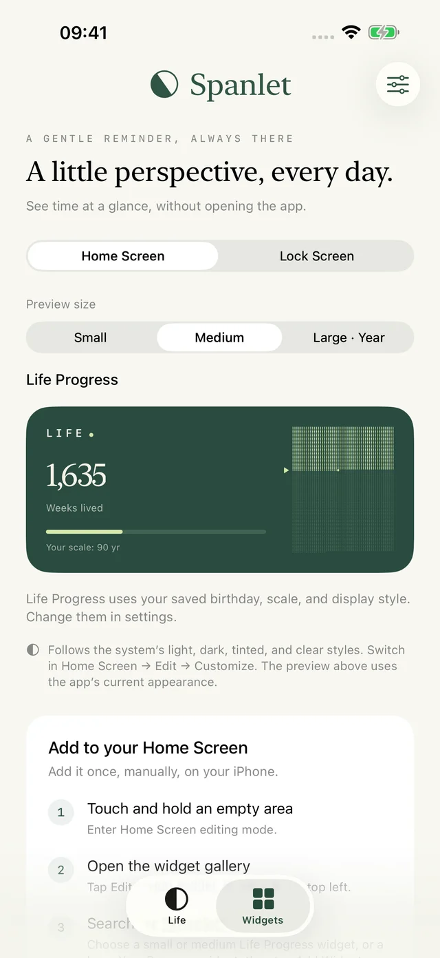Spanlet's in-app preview of a medium Home Screen widget showing weeks lived on a 90-year scale.