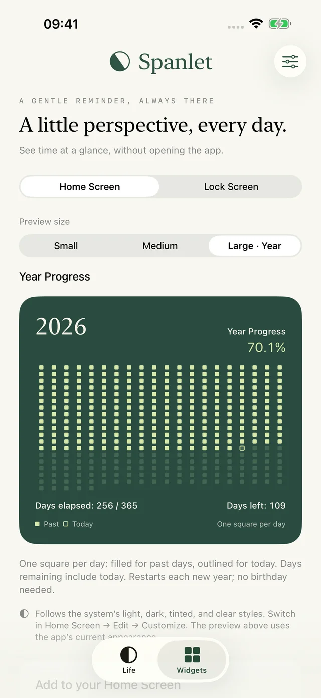 Spanlet's in-app Year Progress preview showing a daily grid, the year percentage, and elapsed and remaining days.