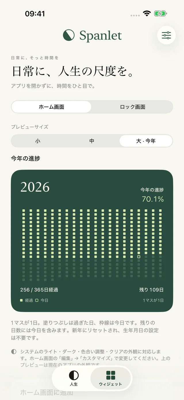 日ごとのグリッド、今年の経過率、経過日数と残りの日数を表示する、今年の進捗のアプリ内プレビュー。